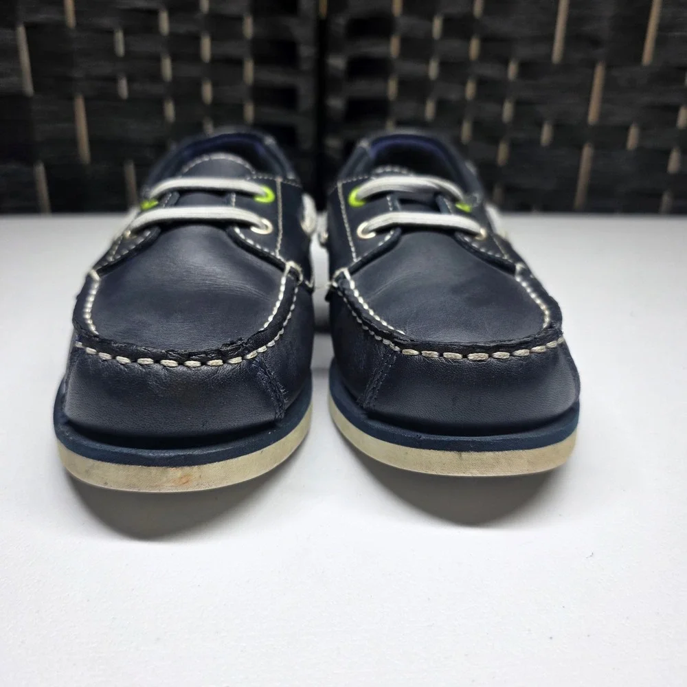 Timberland Boys Navy Blue Leather Boat Shoes Size 1 Moc Toe 82704M Nautical